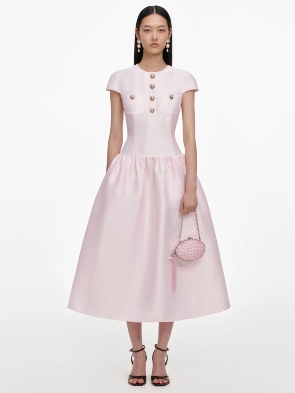 Self-Portrait PINK TAFFETA BUTTONED MIDI DRESS